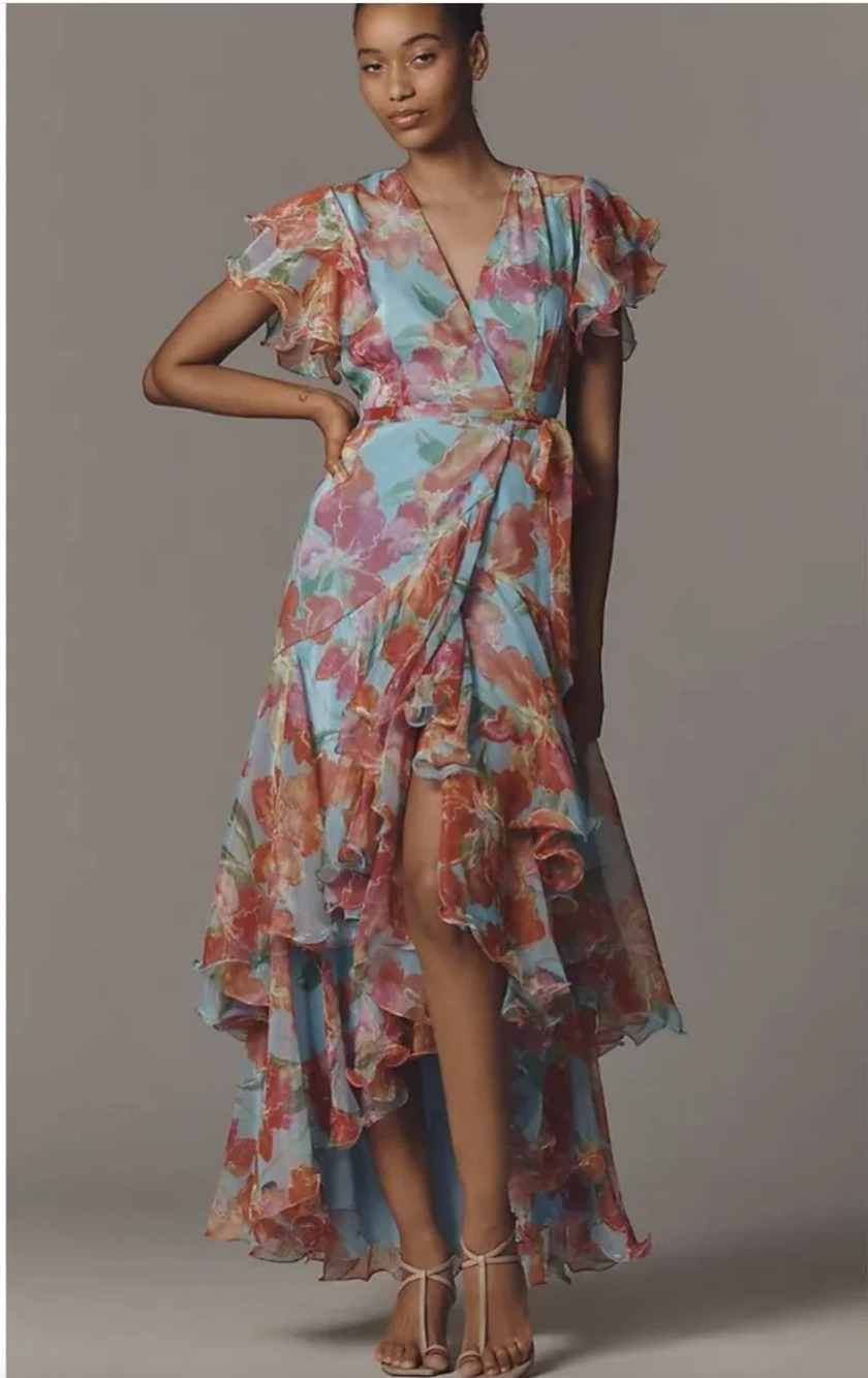 Anthropologie Hutch Samara Ruffle Midi Wrap Dress Medium Floral